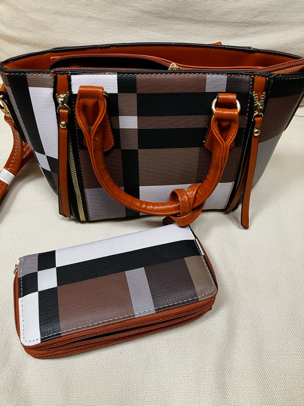 Brown Plaid Tote/Crossbody Bag and strap with Matching Wallet and -